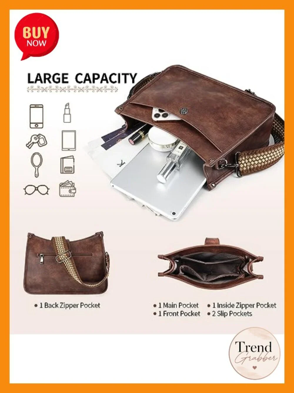 Vegan Leather Hobo Crossbody Bag with 2 Straps